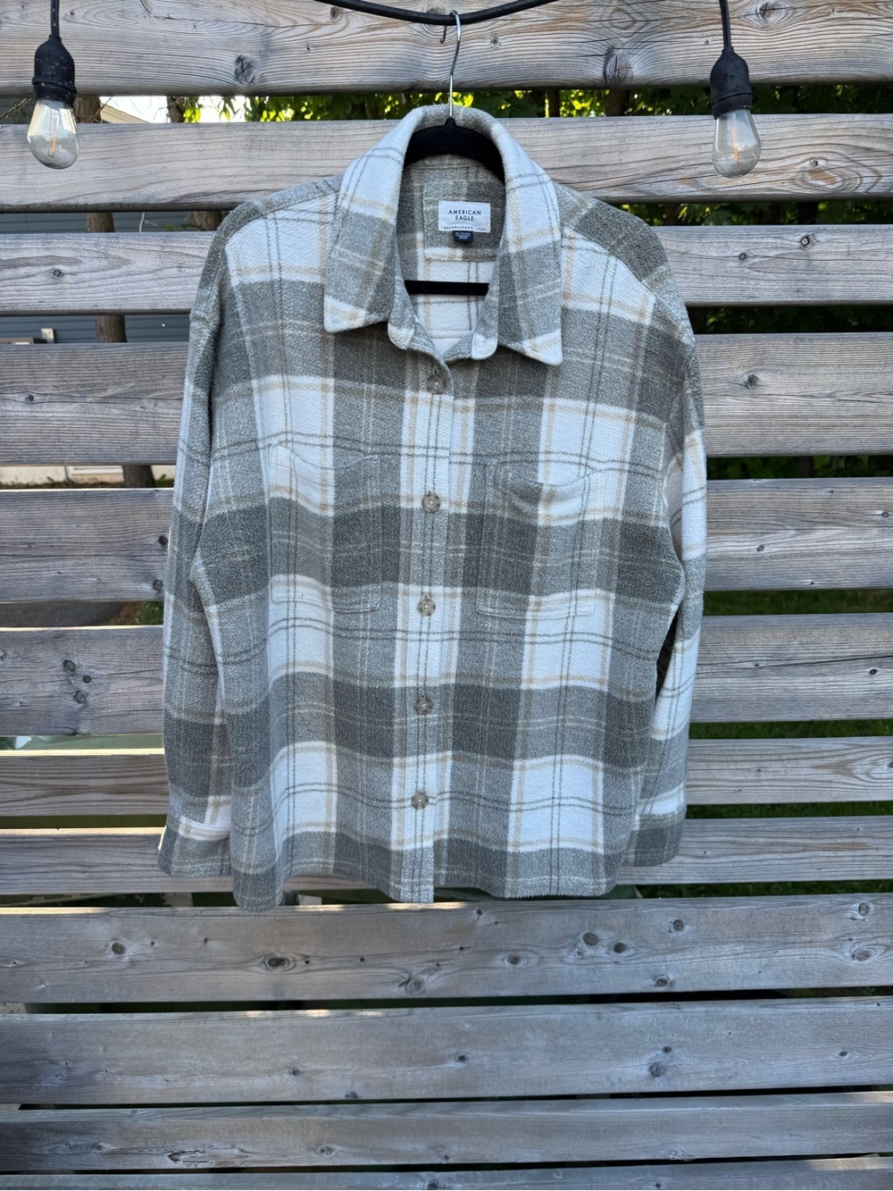 American Eagle Outfitters Olive Green and White Plaid Button-Down Shirt